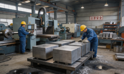 jimeng 2026 04 30 1633 真实模具钢加工车间场景，模具钢放置在工作台上，周围有加工设备和工人操作，地面有油...